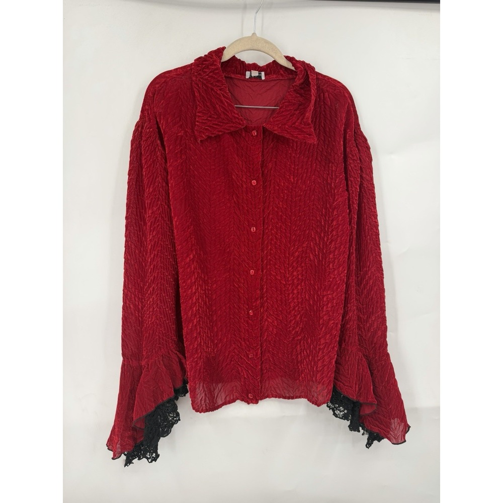 Komarov Velvet Flare Sleeve Lace Blouse Women L Red Whimsigoth Boho Gothic Fall